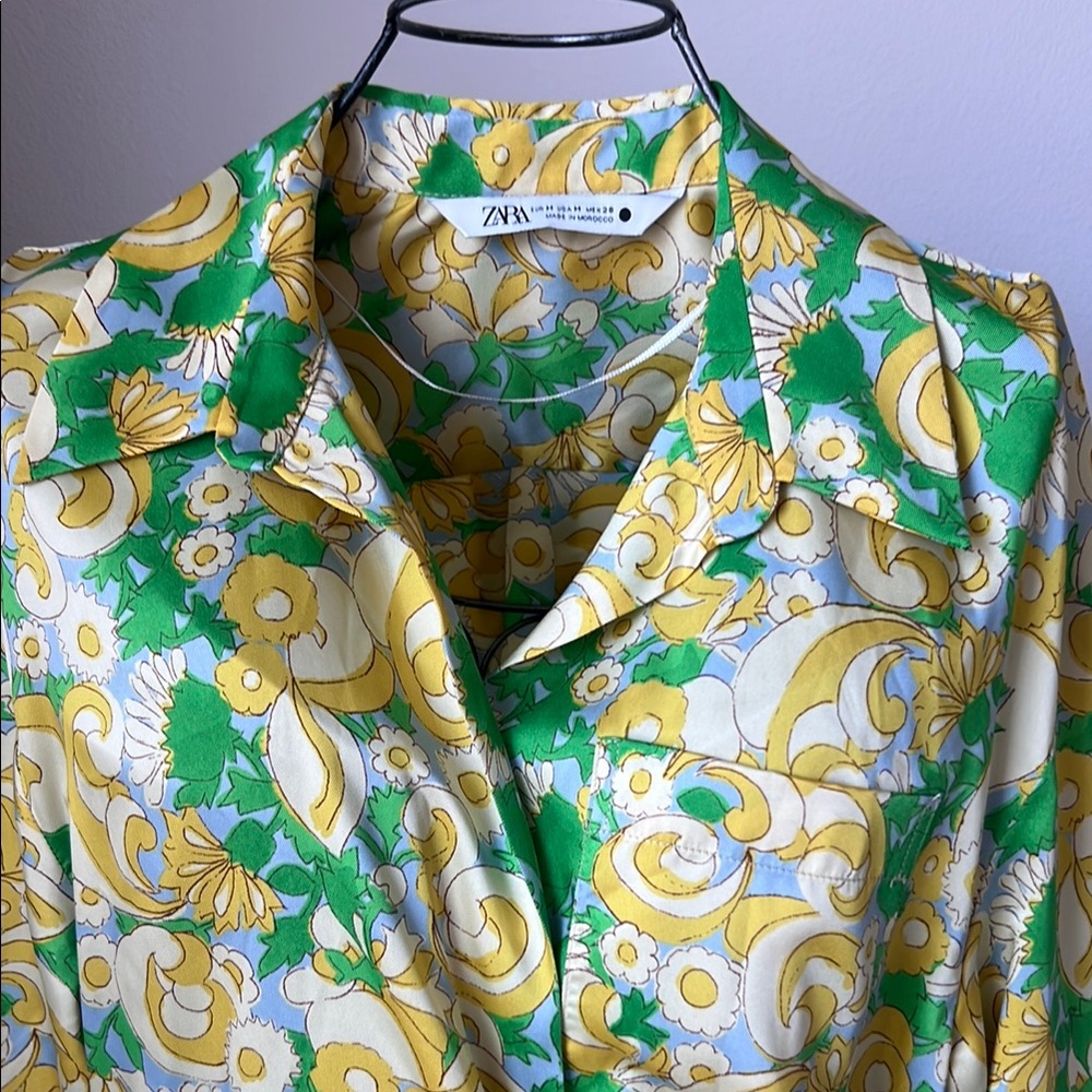 Zara Women's Mini Wrap Dress with Green and Yellow Floral Pattern